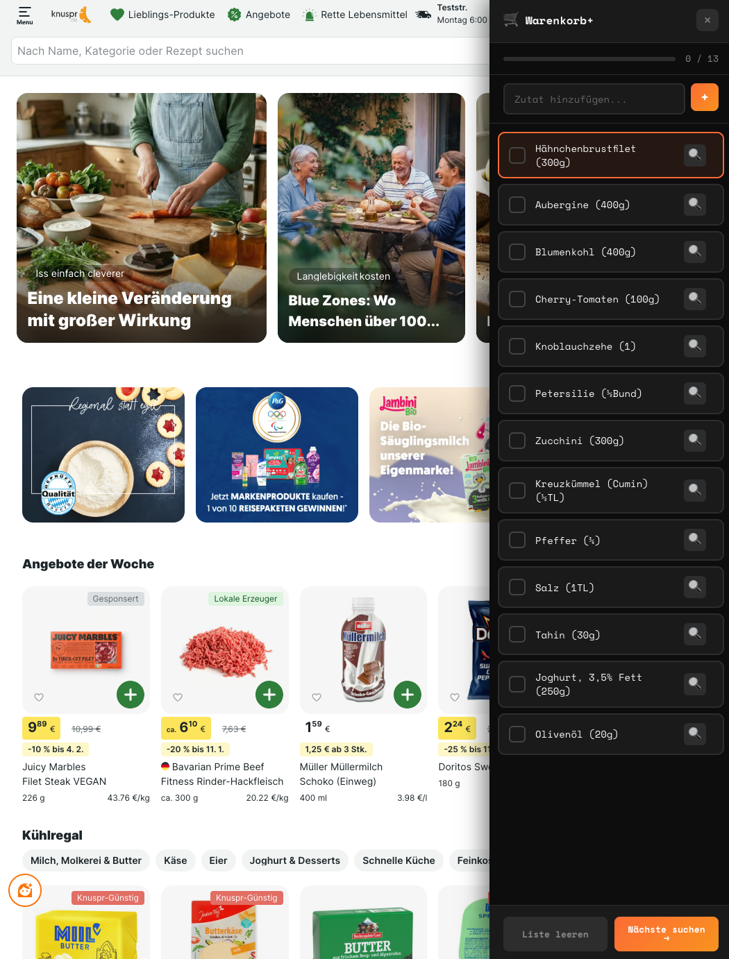 Knuspr with the extension&rsquo;s grocery list sidebar